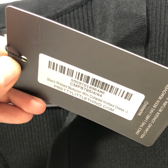 716 Black Ribbed Bodycon Mini Collard Knitted Dress - Picture 2 of 4